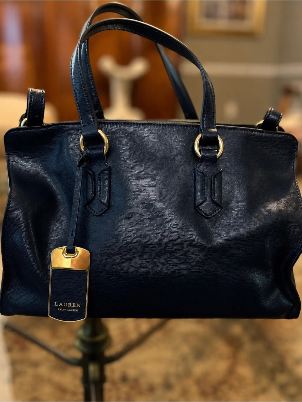 Lauren Ralph Lauren Navy Blue Satchel Shoulder Bag Gold Tone RLL